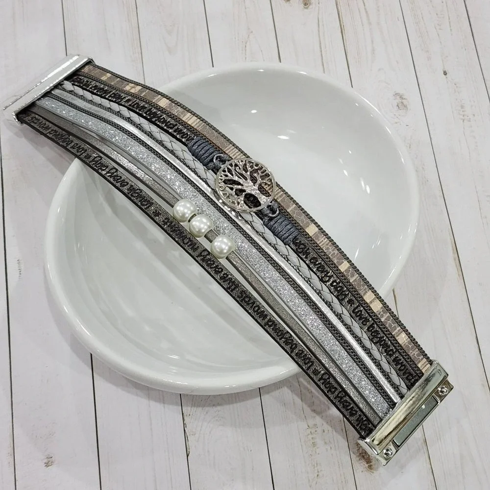 Multilayer Leather‎ Bangle Magnetic Clasp Bracelet for Men or Women 7.5in Silver